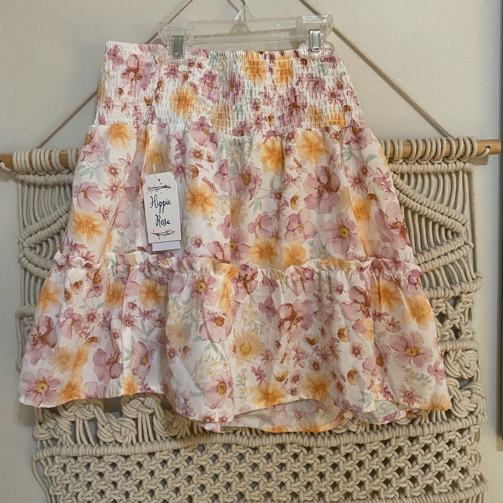 🌸 Smocked-Waist Mini Skirt Ivory Lilac Floral Hippie Rose Printed